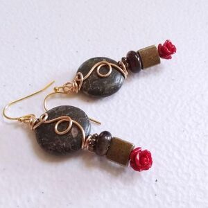 Eclectic & Edgy! Red Rose Flower Dangle Earrings! Handmade + One-of-a-kind!